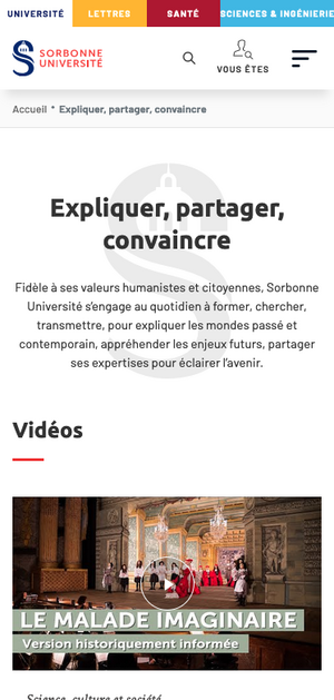 Aperçu d'une page de contenu mobile de la Sorbonne